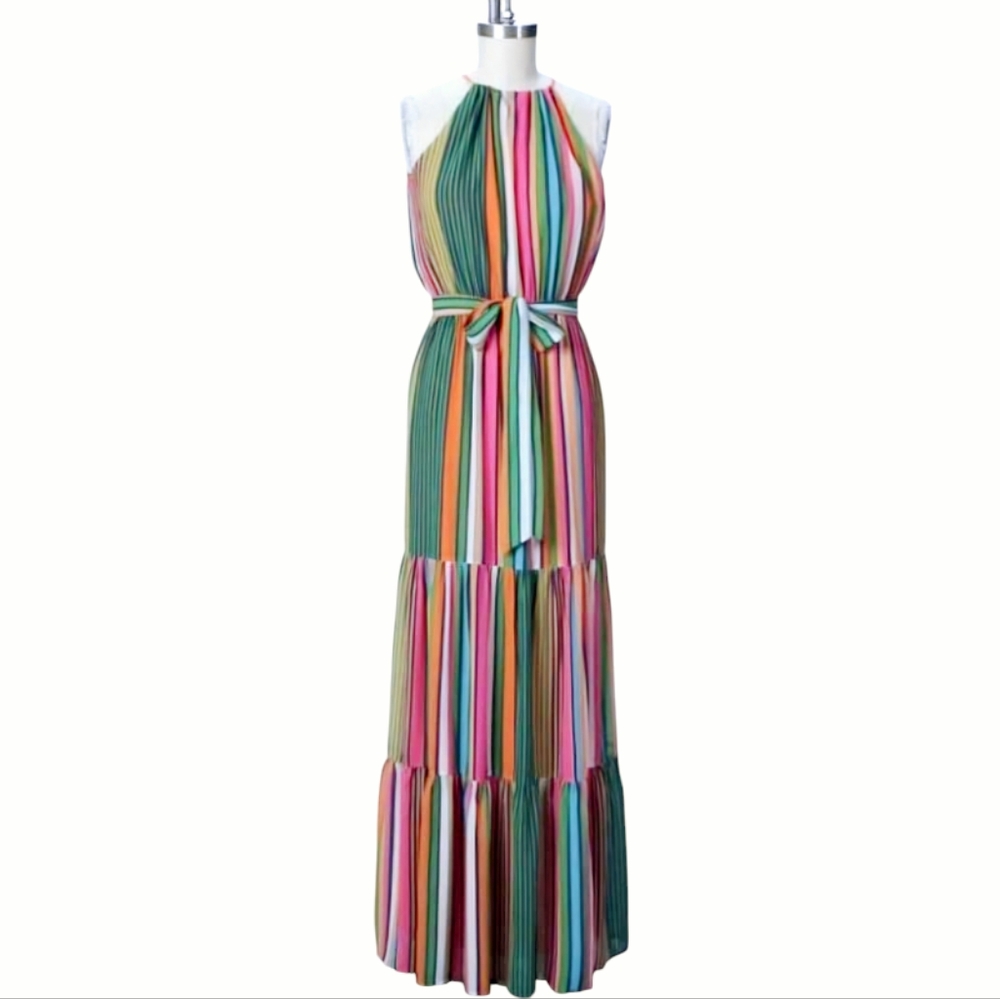 NWT *Flying Tomato Striped Halter Sleeveless Smocked Keyline Neckline Dress (M)